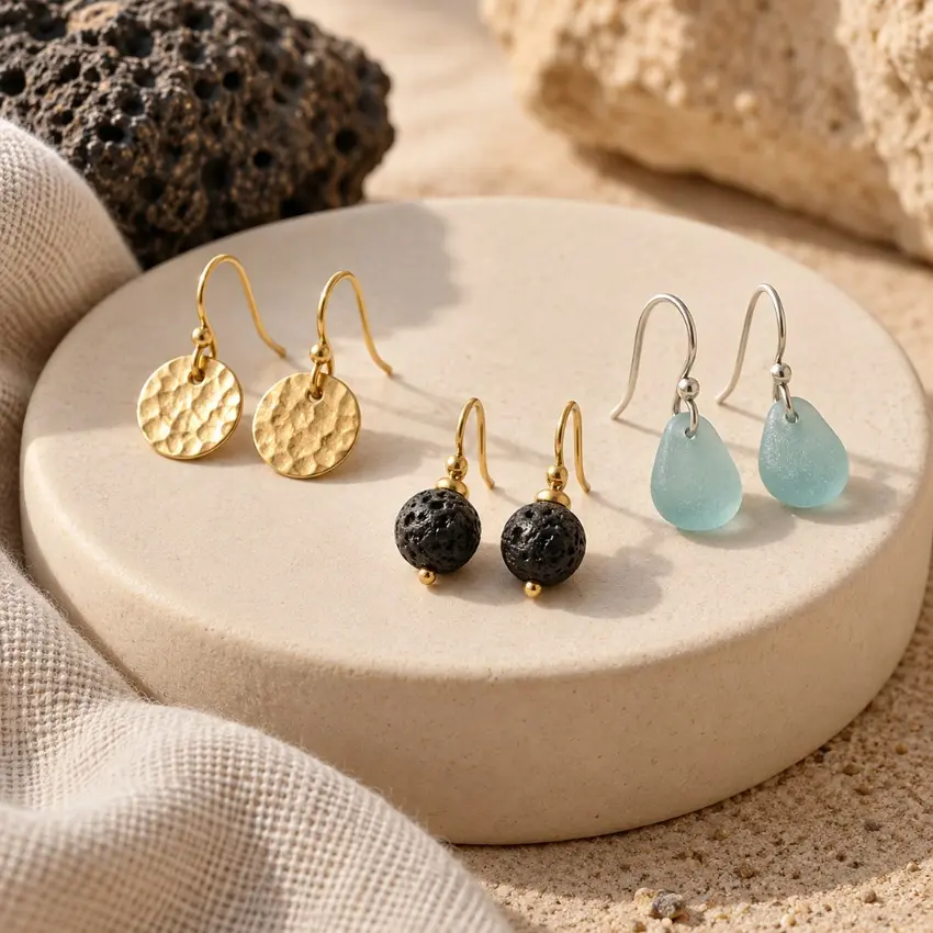 Tres pares de pendientes sobre un pedestal de piedra