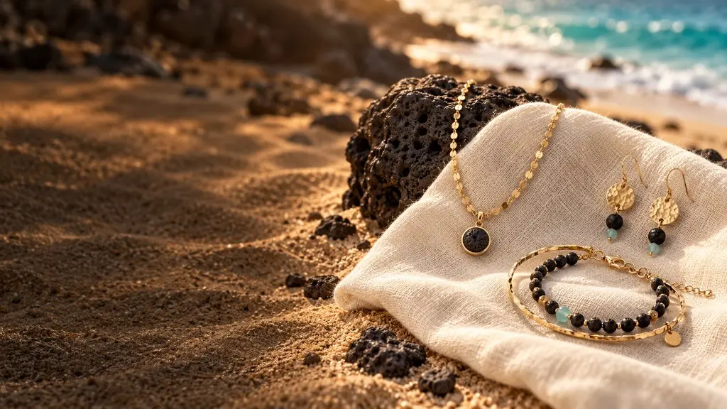 Conjunto de joyas artesanales sobre lino crema junto a una roca volcánica en la playa