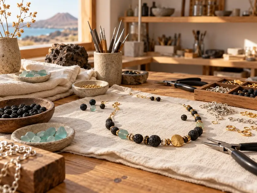Mesa de trabajo de joyería junto a una ventana con vistas al mar
